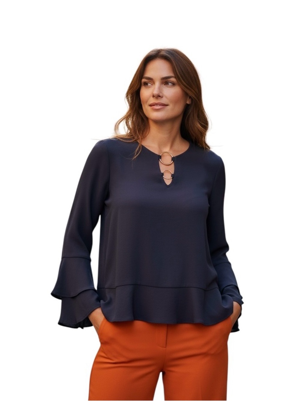 Michael Kors Navy Ring-Front Ruffle Hem Blouse